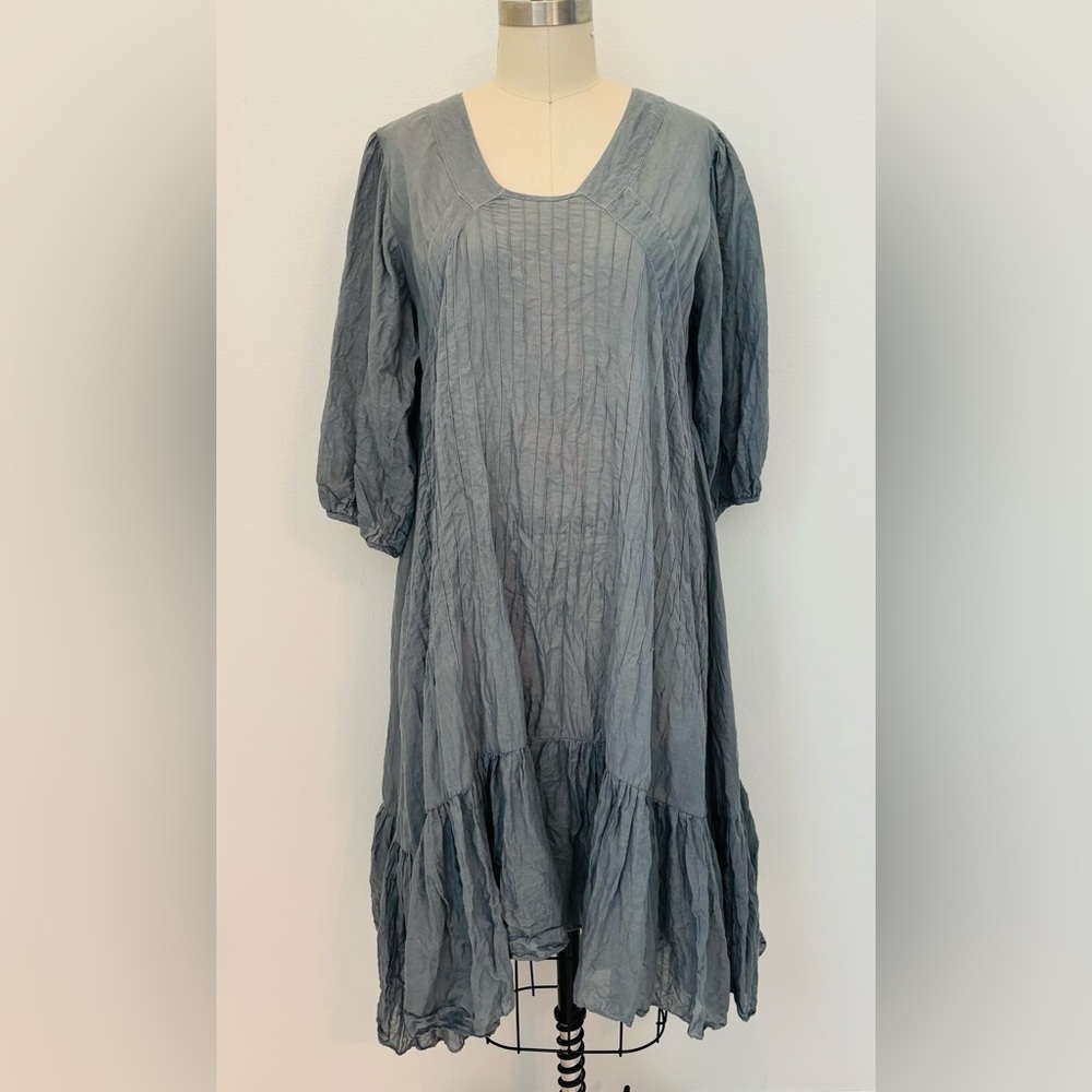 JP And Mattie ‘Charlotte’ Dress M Gray/Blue Cotton Boho Cottage Pintucks Ruffles